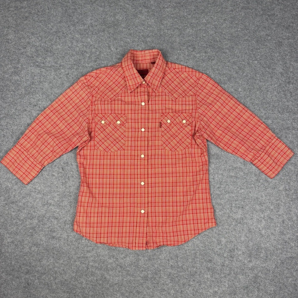 Levis Girls Plaid Western Pearl Snap Shirt Red White 2 Pointed Flap Pockets M 10